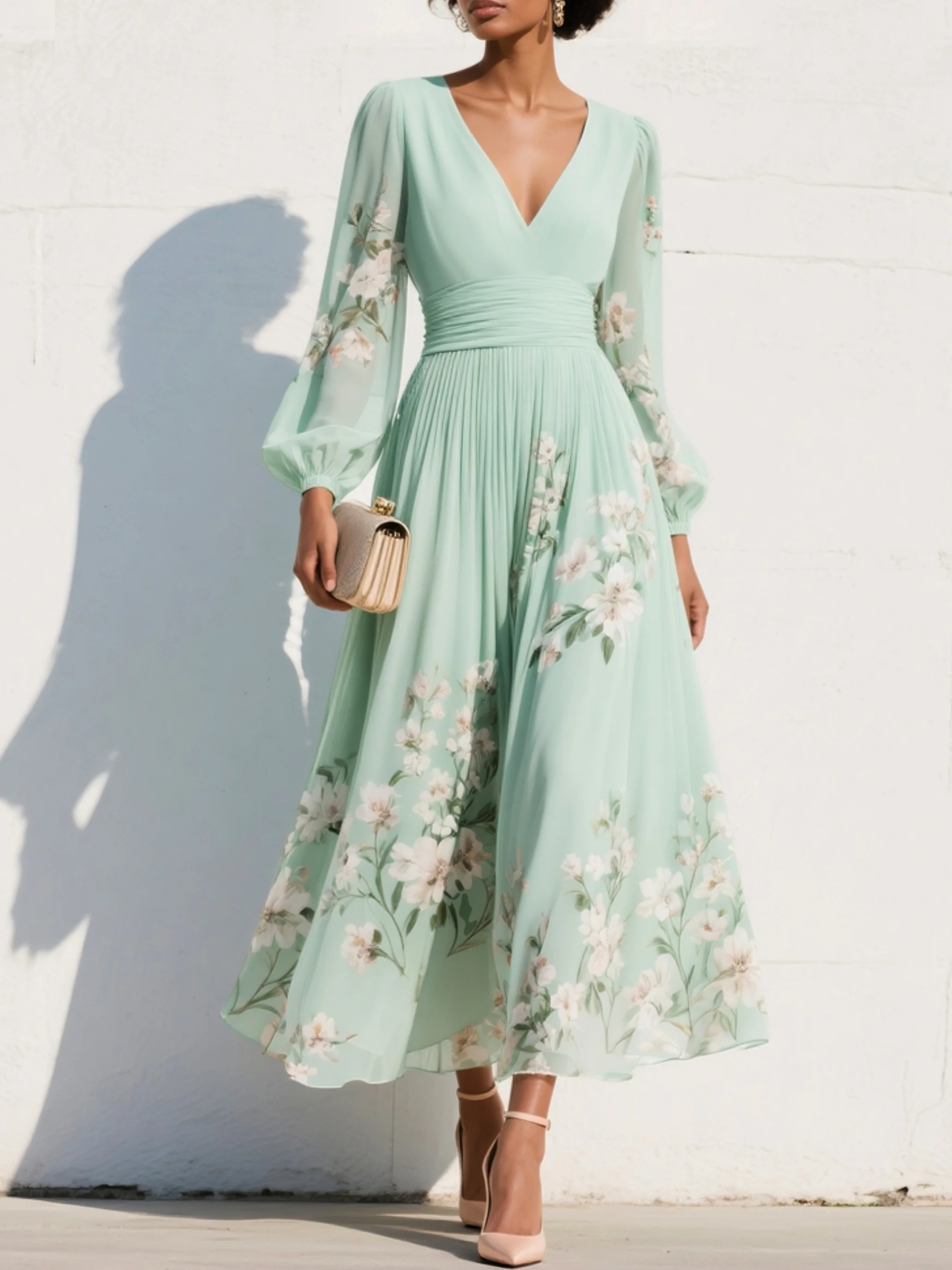 Light green chiffon midi dress with heart-shaped neckline and floral print