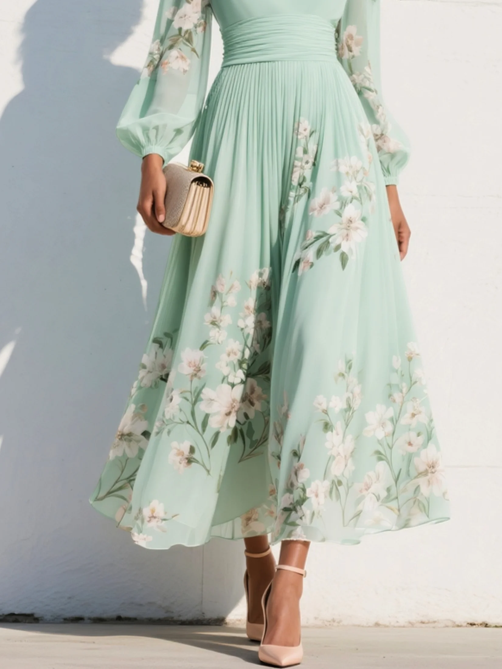 Light green chiffon midi dress with heart-shaped neckline and floral print