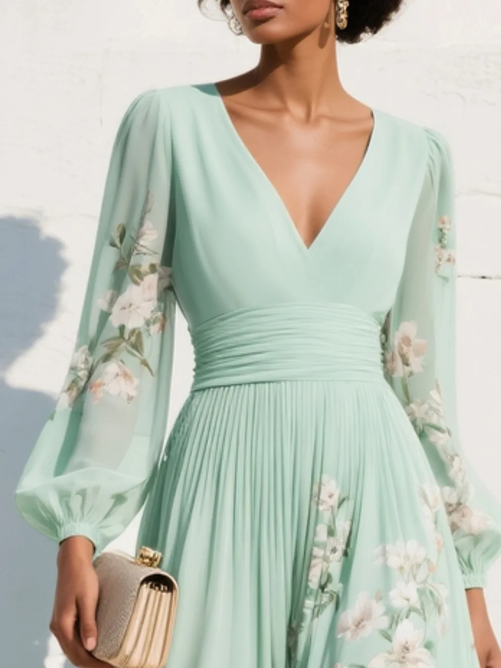 Light green chiffon midi dress with heart-shaped neckline and floral print