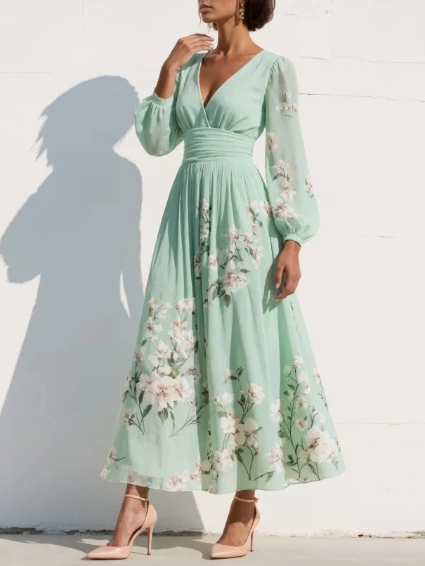 Light green chiffon midi dress with heart-shaped neckline and floral print