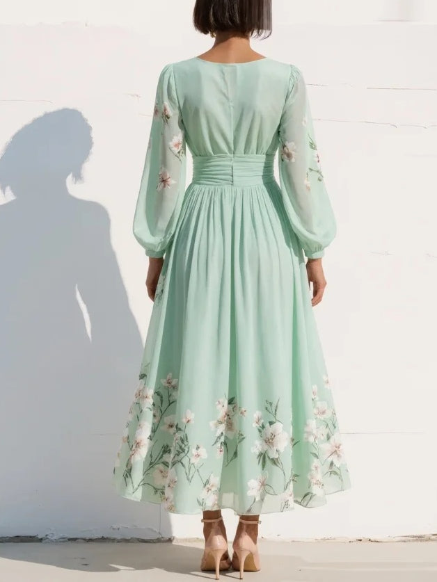 Light green chiffon midi dress with heart-shaped neckline and floral print