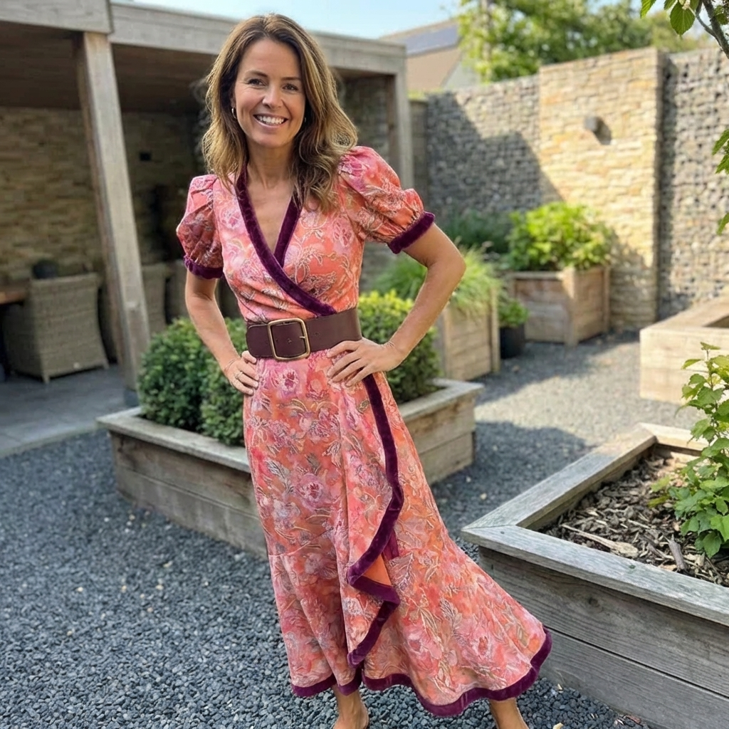 Elegant pink maxi dress with short sleeves
