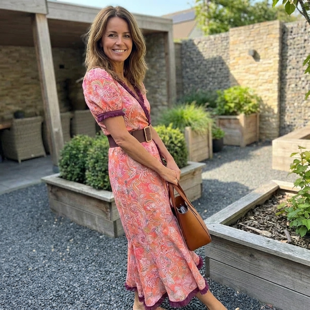 Elegant pink maxi dress with short sleeves